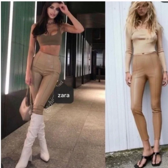 Zara Tan Faux Leather Split Hem Pants Side Zip High Rise Vegan Leather XS NWT - Picture 1 of 7